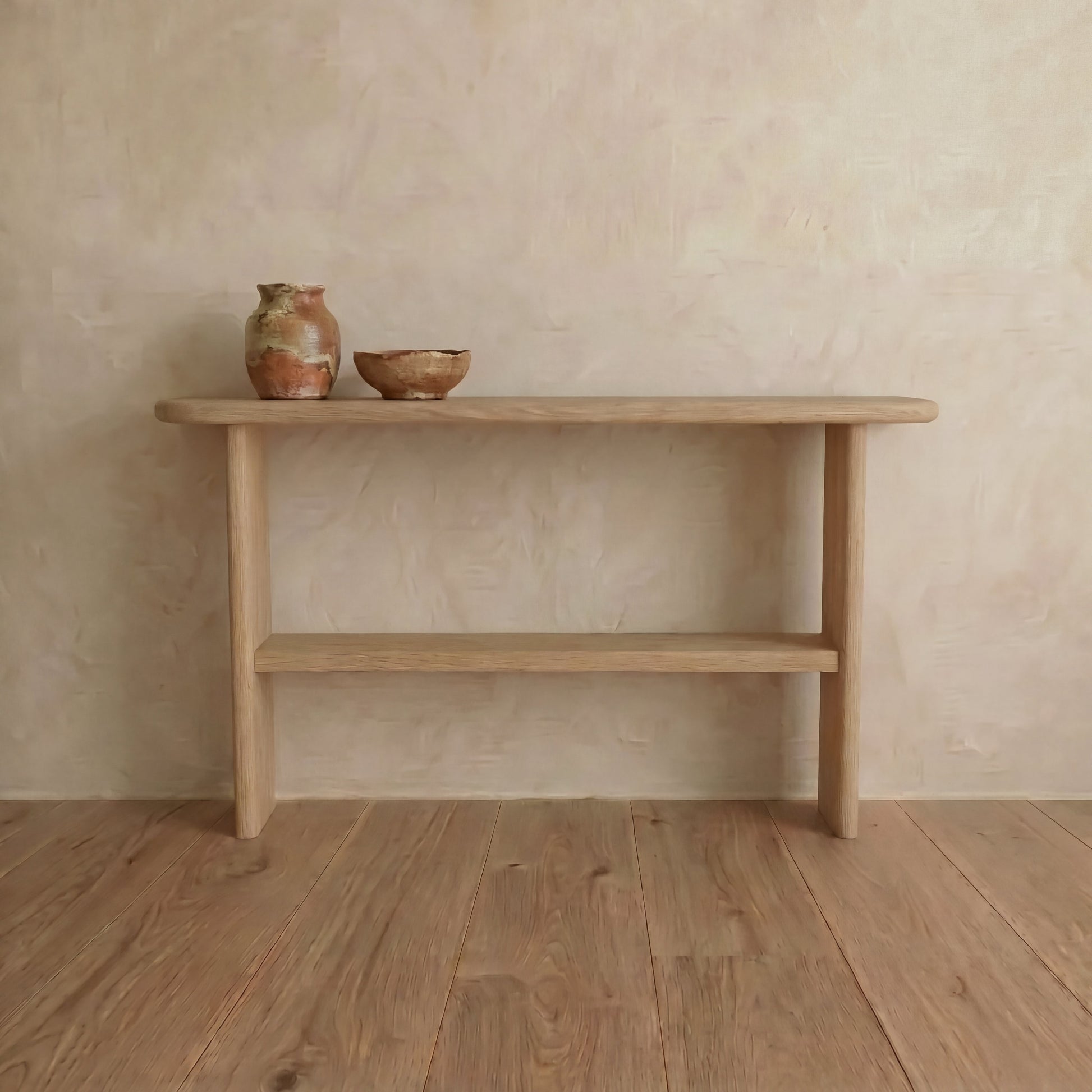 Console table with shelf in white oak