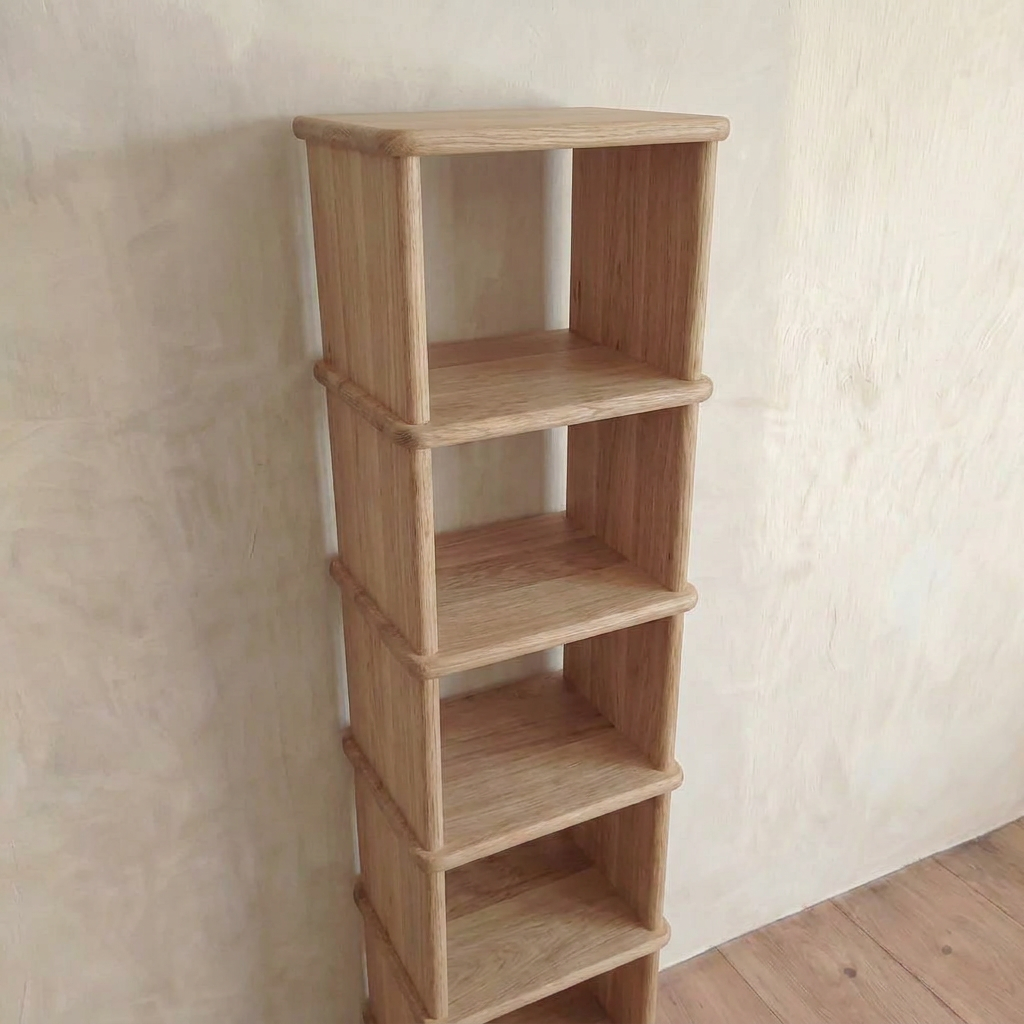 Tall narrow bookcase in white oak