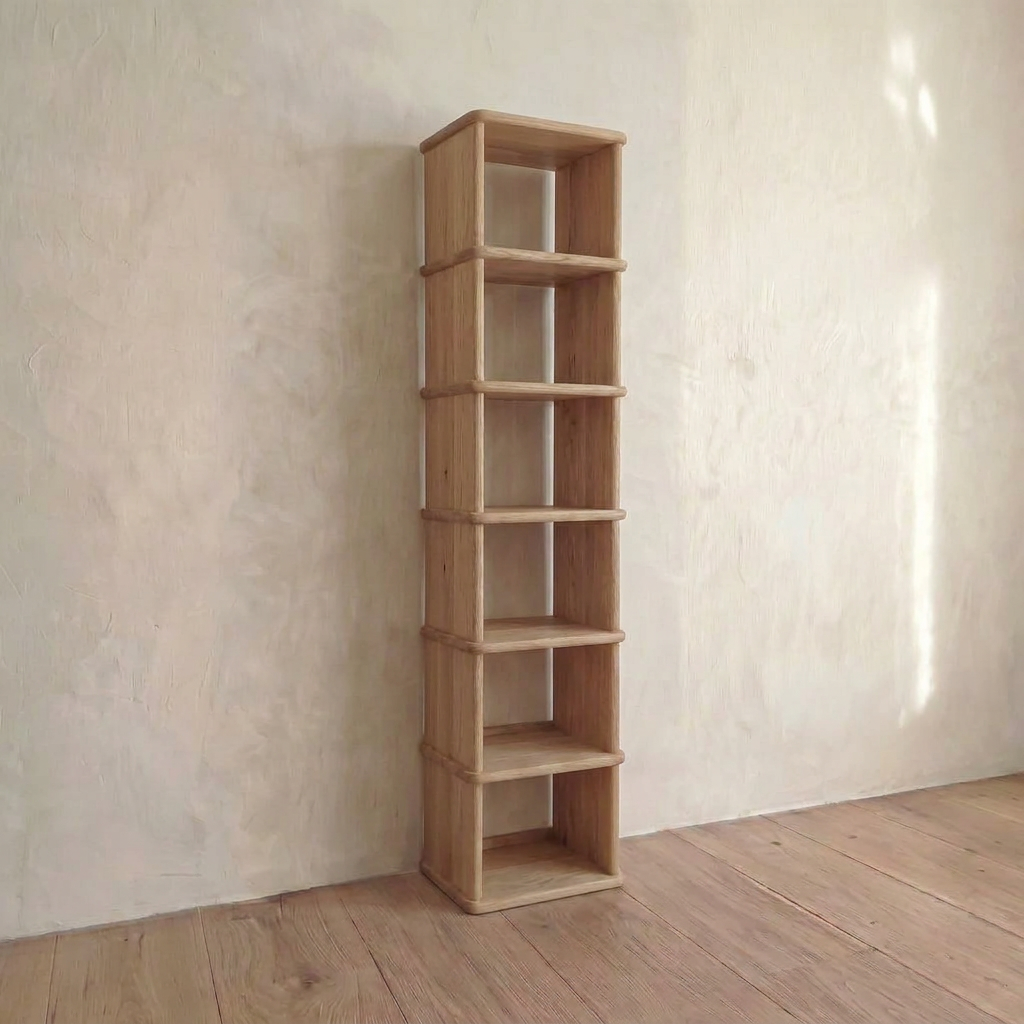 Tall narrow bookcase in white oak