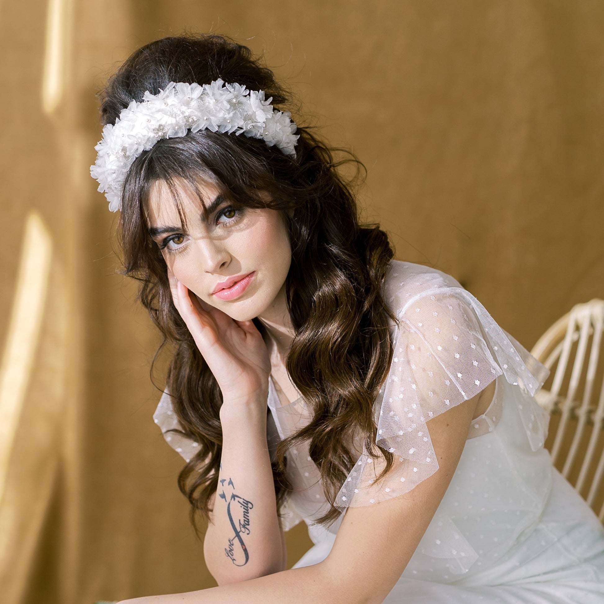 JASMINE Padded Lace Headband with Silk Flowers