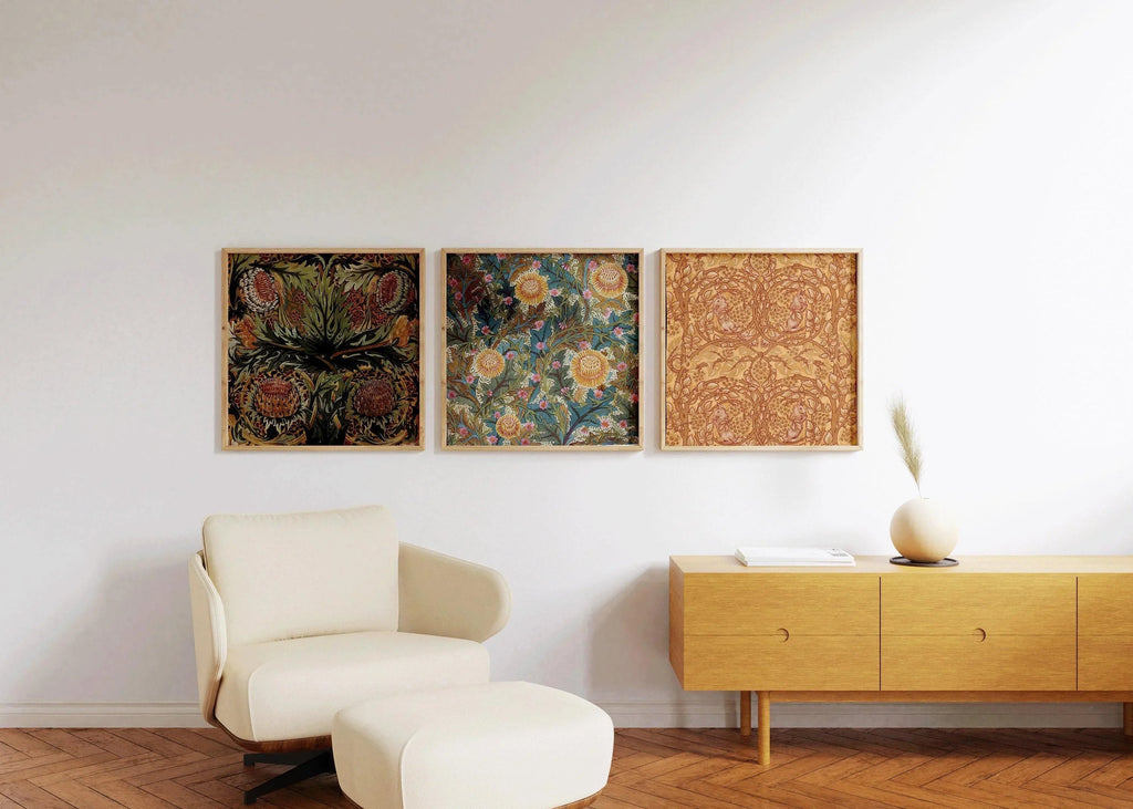 William Morris STATEMENT TRIO Arthur Heygate Mackmurdo | Artichauts, Ronces, Chrysanthèmes et Écureuils, disponible encadré 1x1