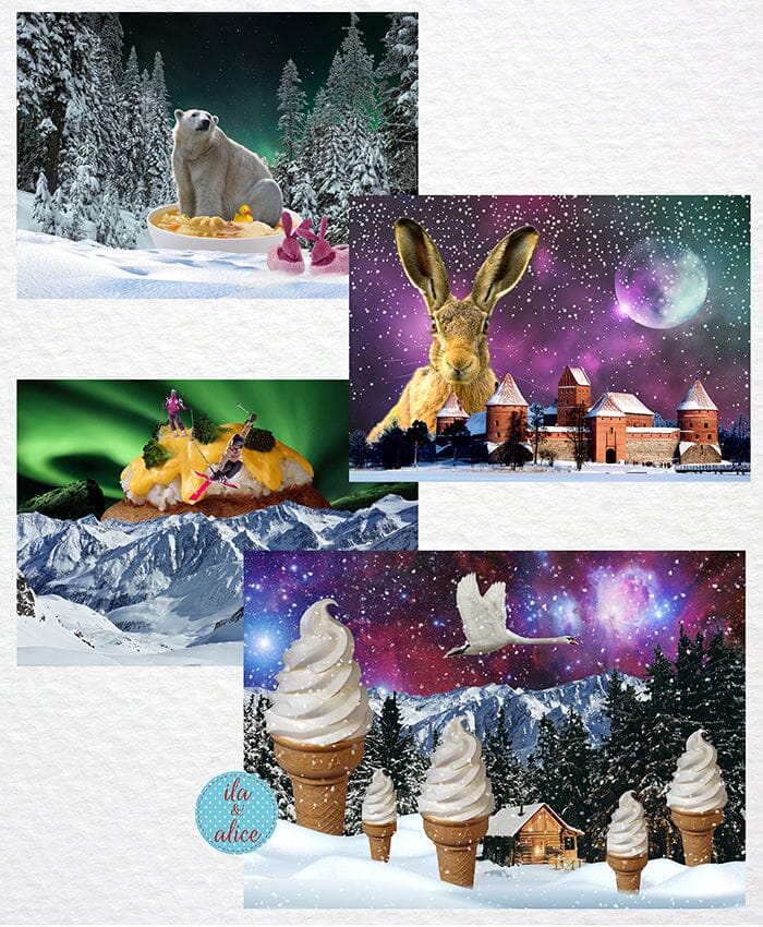 Curious Winter Places Collage Art Postcards