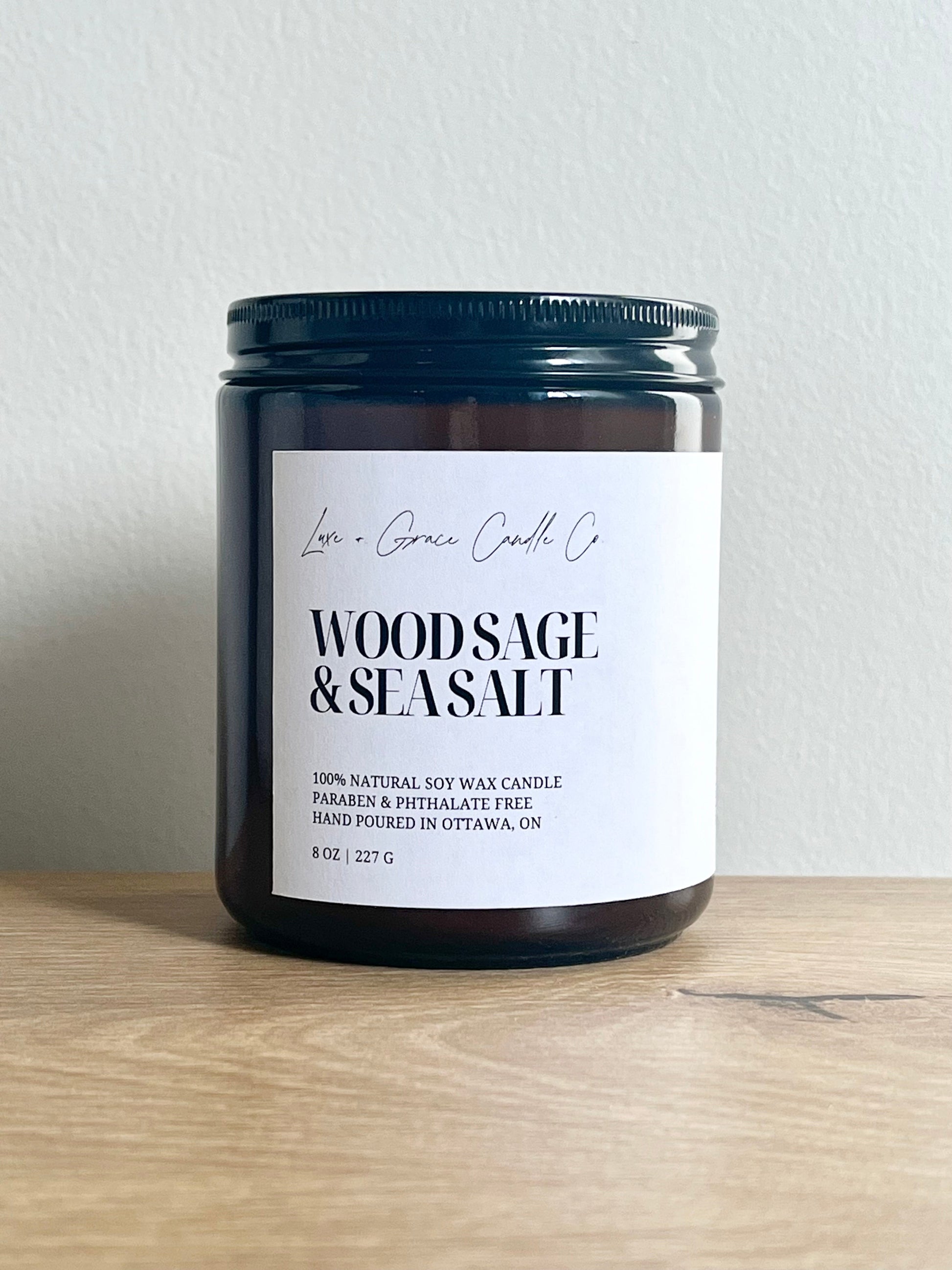 Bougie à la cire de soja, sauge des bois et sel de mer