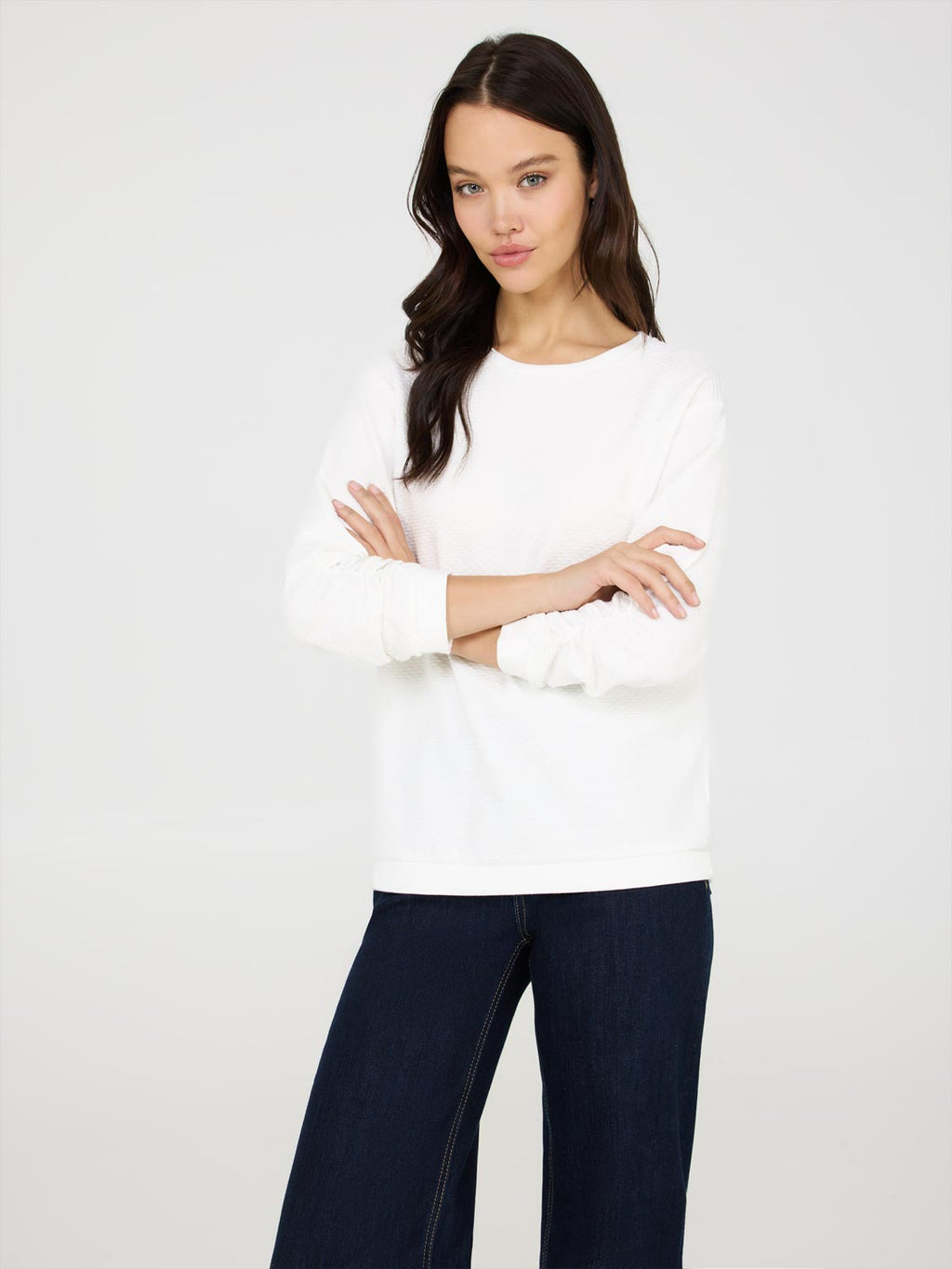 3/4 Ruched Sleeve Jacquard Sweatshirt