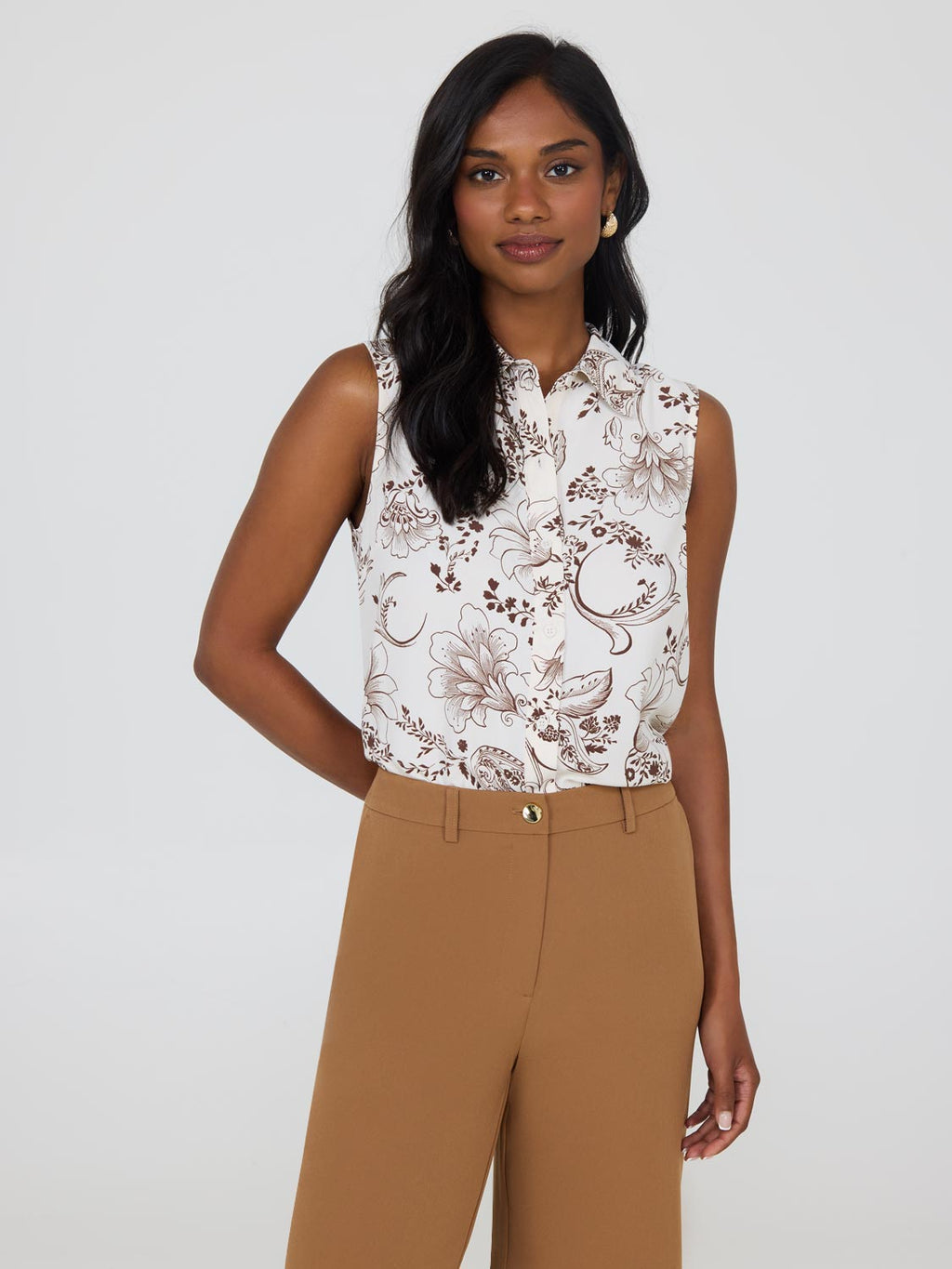 Sleeveless Paisley Print Button-Front Blouse