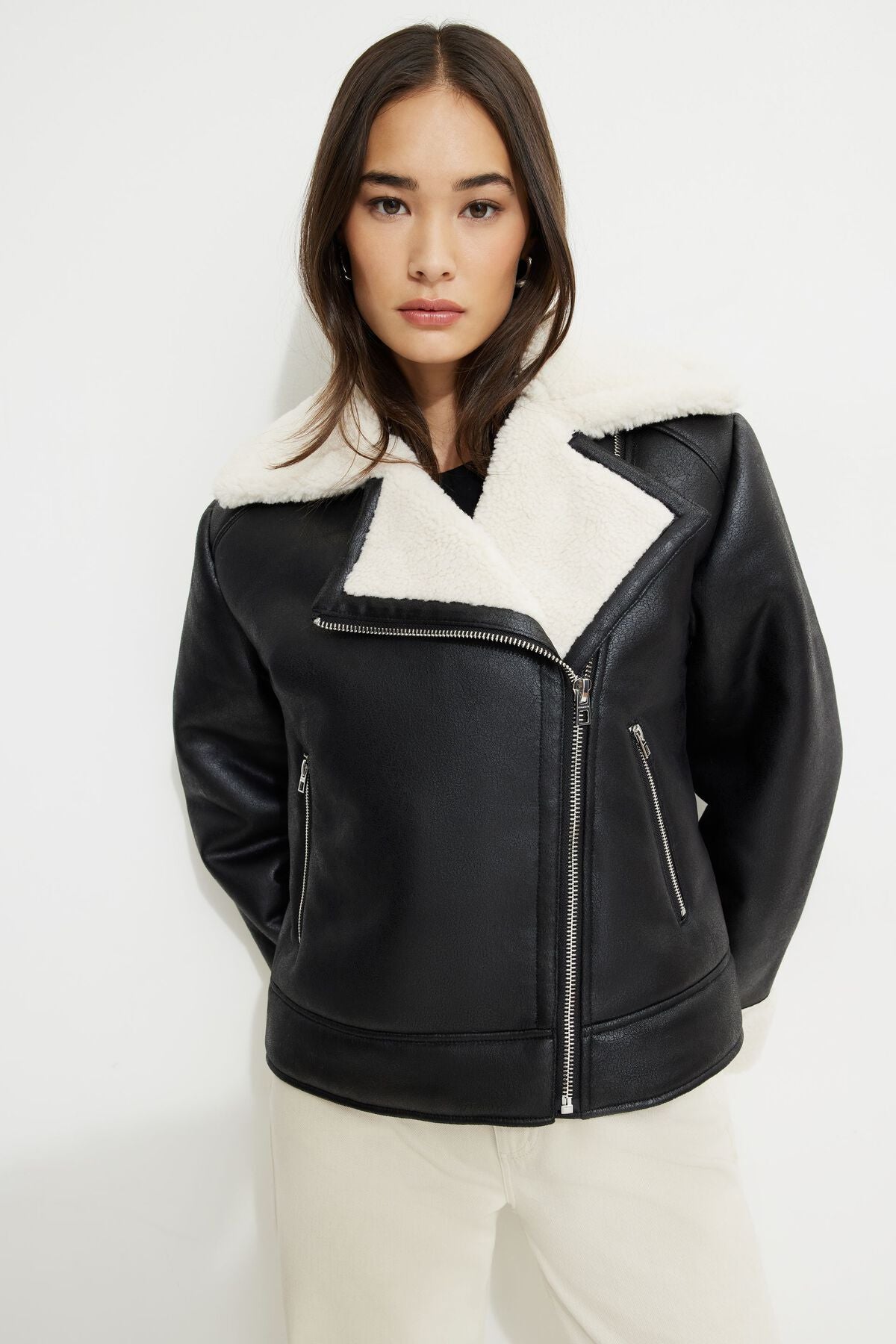 Sherpa Faux Leather Aviator Jacket