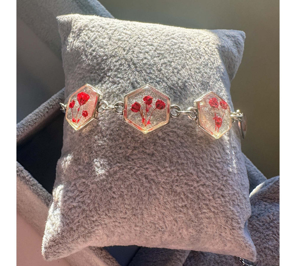 Red Floral Silver Hexagon Handmade Trio Bracelet with Dried Flowers
