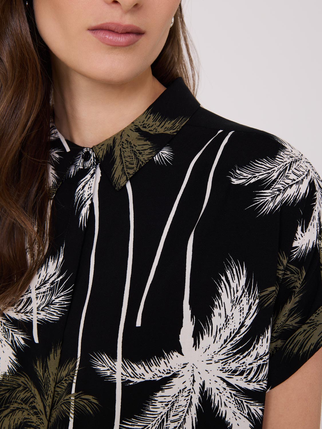 Palm Print Button-Front Bowling Shirt