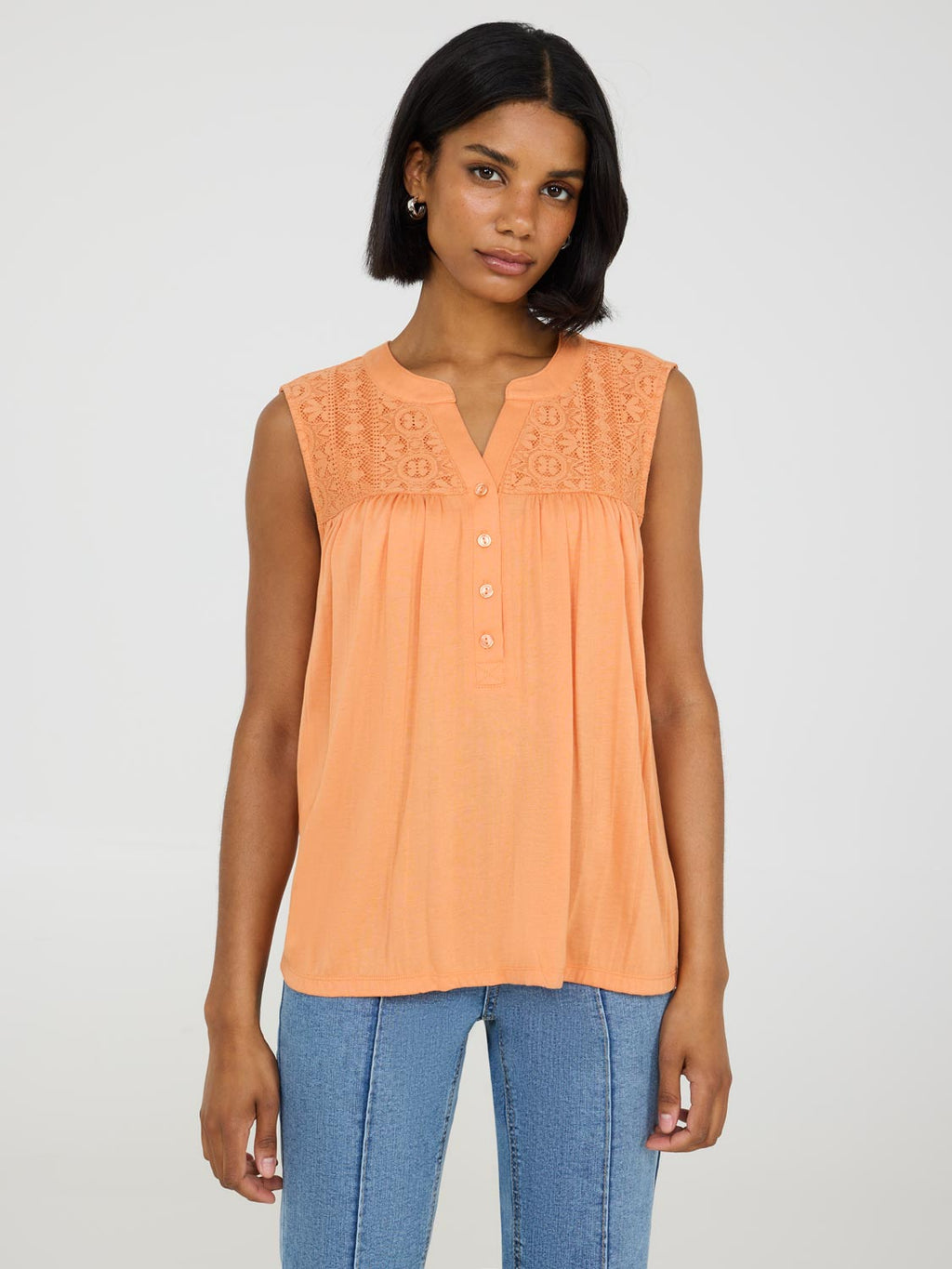 Sleeveless Henley Top With Lace Details