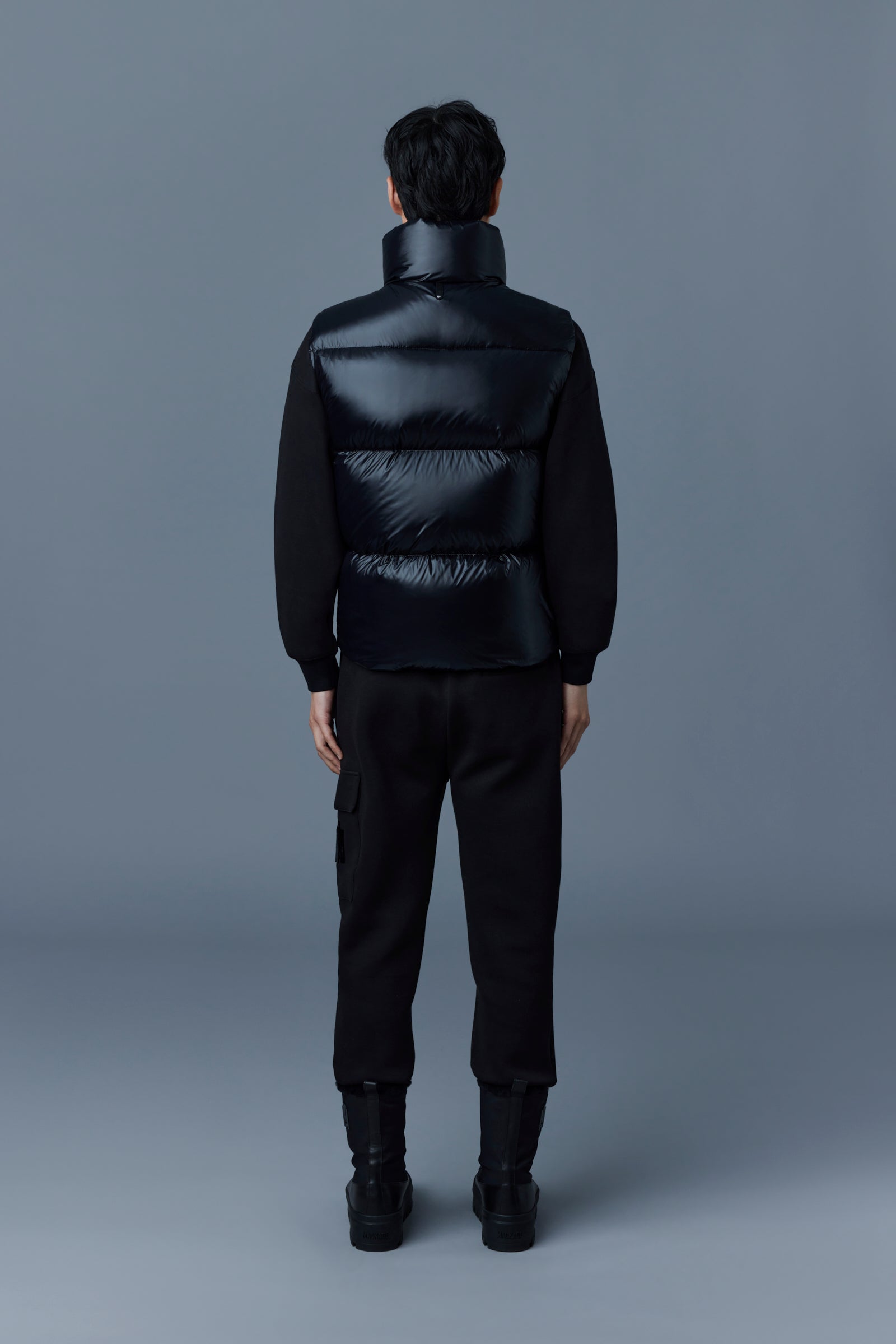 KANE lustrous light down vest with funnel collar